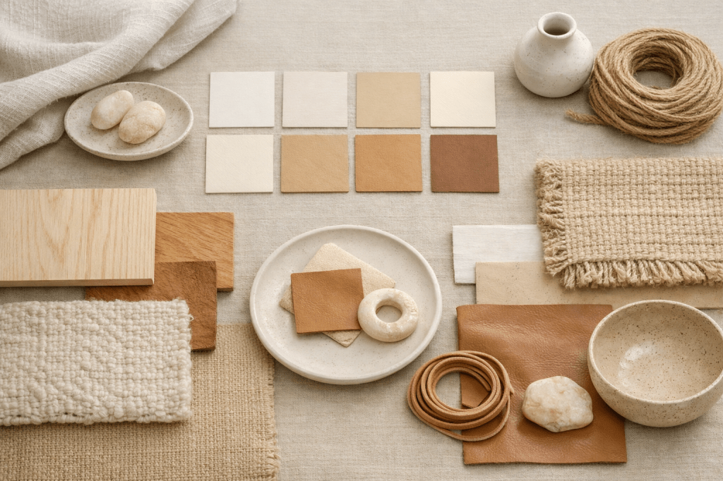 Palette de couleurs et textures variées comprenant des échantillons de cuir, de bois, de tissus et des éléments décoratifs sur une table beige.