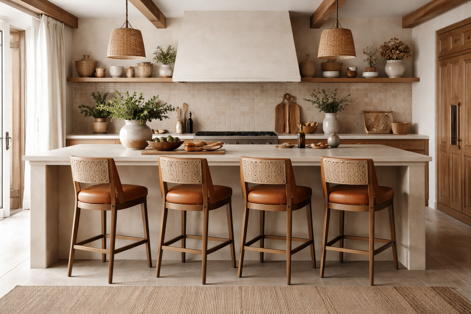 Cuir et textures naturelles dans une cuisine 