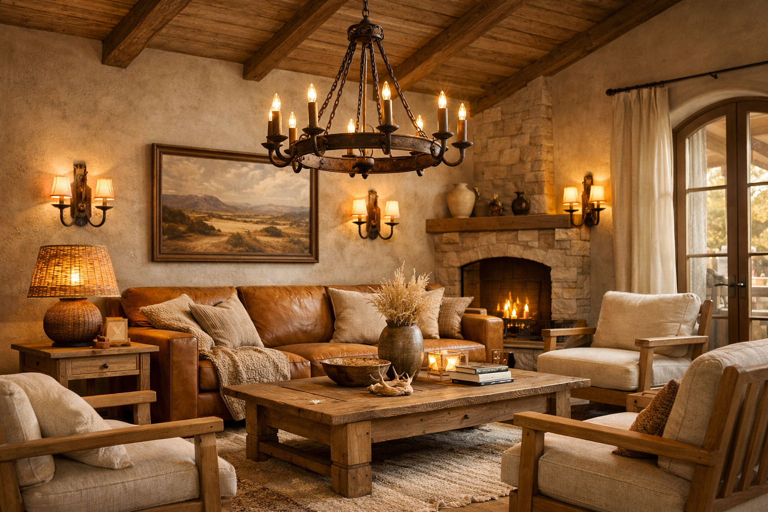 Salon western chic avec lustre métallique et suspensions murales