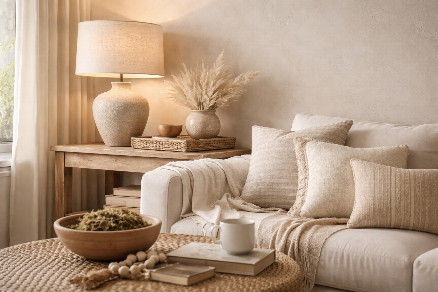 Fauteuil western chic beige avec coussins texturés et lampe céramique