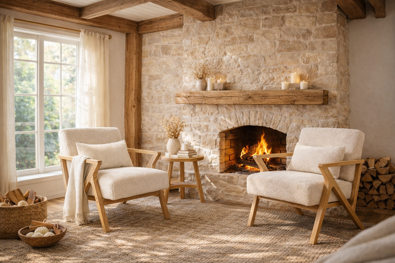 Fauteuils en bois et tissu naturel dans un salon western chic à l’ambiance douce et chaleureuse