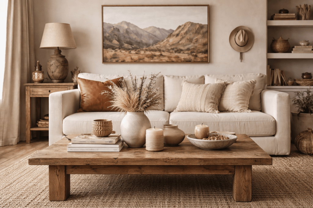 Un salon chaleureux avec un canapé blanc, des coussins texturés, une table basse en bois, des accessoires décoratifs comme des bougies et un vase avec des fleurs sèches, et une œuvre d'art représentant des montagnes au mur.