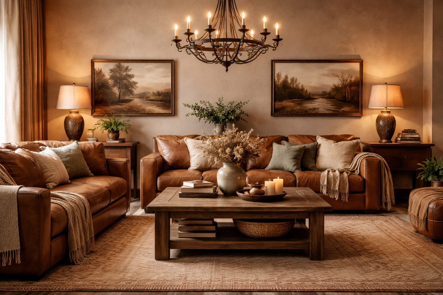 Salon western chic avec canapés en cuir cognac patiné et lustre impressionnant