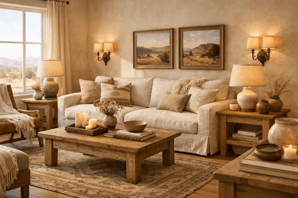 Un salon chaleureux avec un canapé beige, des coussins décoratifs, une table en bois rustique, des bougies allumées et des lampes murales. Des tableaux représentant des paysages sont accrochés au mur, tandis qu'une fenêtre laisse entrer la lumière naturelle.