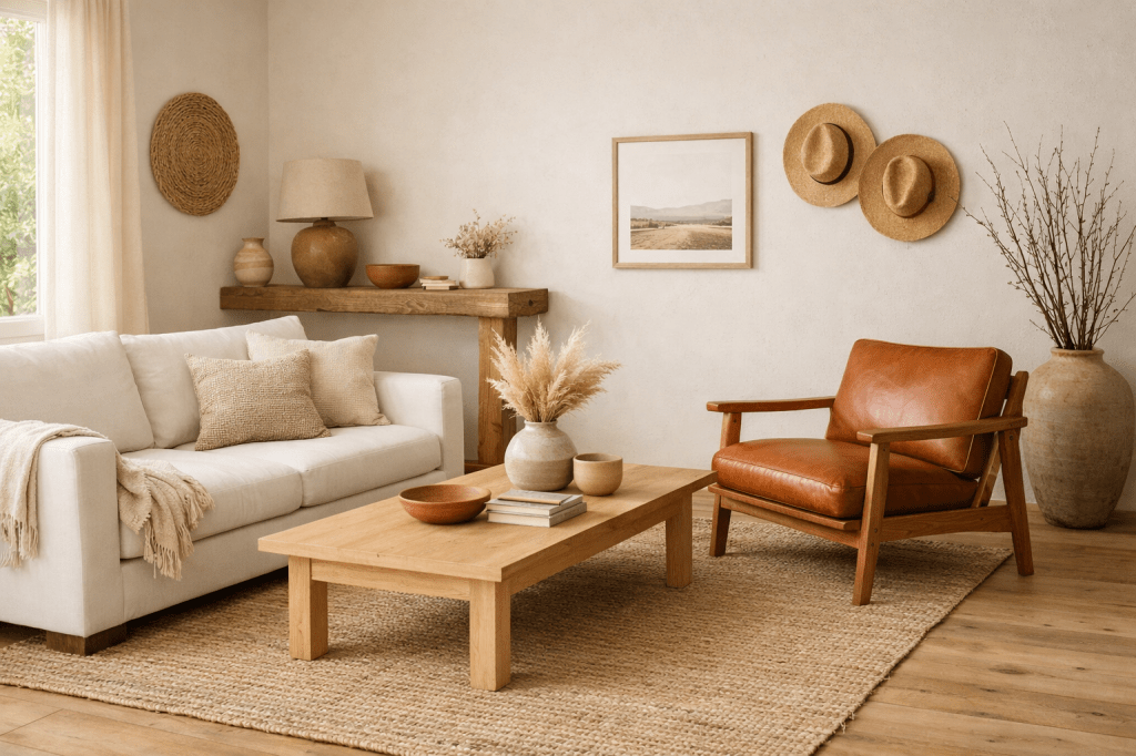 Un salon lumineux et accueillant avec un canapé blanc, une chaise en cuir marron, une table en bois et des éléments décoratifs naturels comme des vases et des chapeaux accrochés au mur.