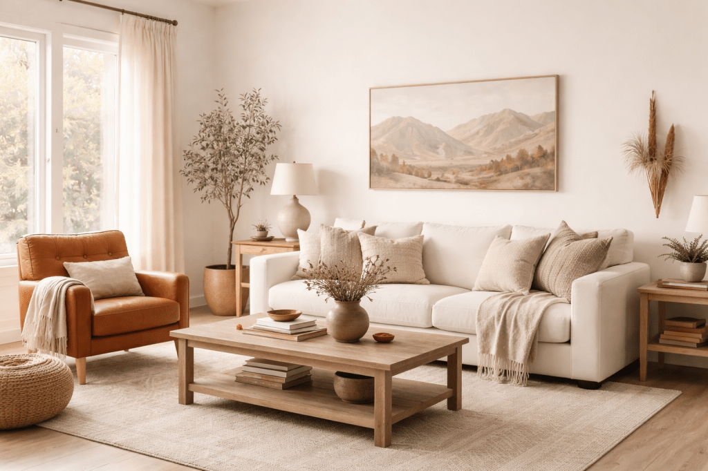 Un salon moderne avec un canapé blanc, une chaise en cuir orange, une table basse en bois, des coussins décoratifs et des plantes d'intérieur, le tout dans des tons neutres.