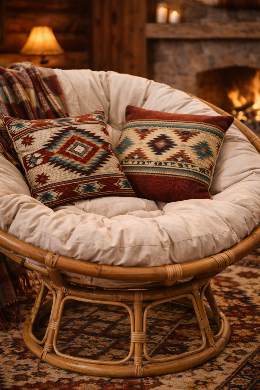 Fauteuil en rotin avec coussins dans un intérieur western chic à l’ambiance chaleureuse