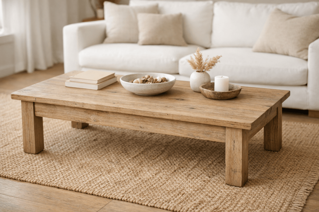 Une table basse en bois avec des livres, une coupelle de noix, un vase avec des fleurs séchées et une bougie sur un tapis en jute, devant un canapé blanc.