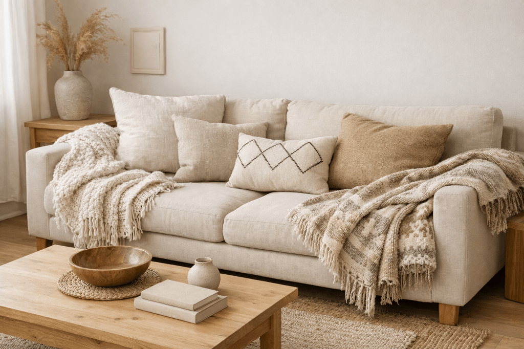 Un salon moderne avec un canapé beige orné de coussins, des plaids drapés et une table basse en bois. Des éléments décoratifs naturels et un éclairage doux créent une ambiance chaleureuse.