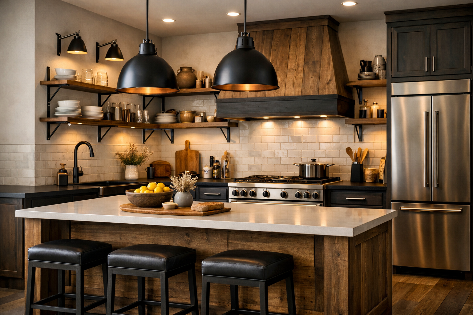 Touches de métal pour structurer une cuisine western 