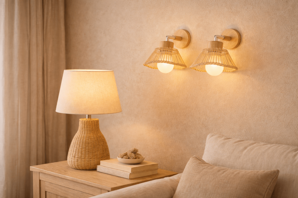 Un salon chaleureux avec une lampe de table en osier et des appliques murales en fil de fer, éclairant un mur beige.
