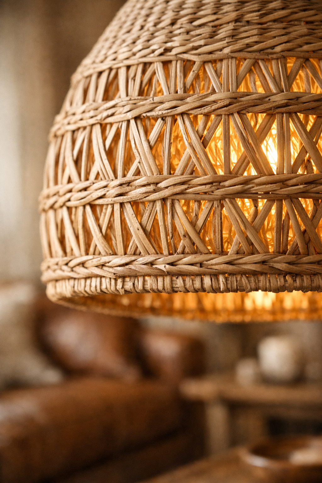 Suspension en osier illuminée, mettant en valeur des motifs tissés, avec un arrière-plan flou de mobilier de salon.