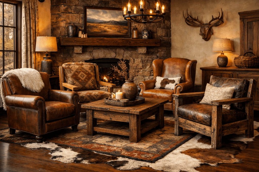 Fauteuils en cuir patiné dans un salon western chic à l’ambiance chaleureuse et authentique