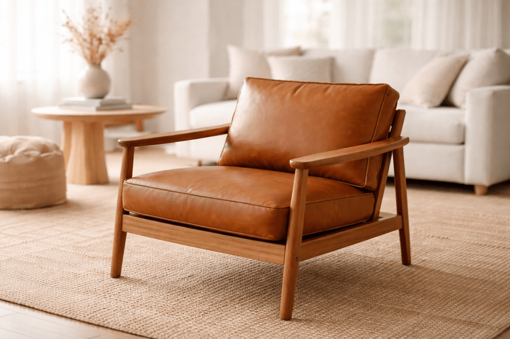 Fauteuil en cuir marron avec structure en bois, placé sur un tapis au sein d'un salon moderne et lumineux.