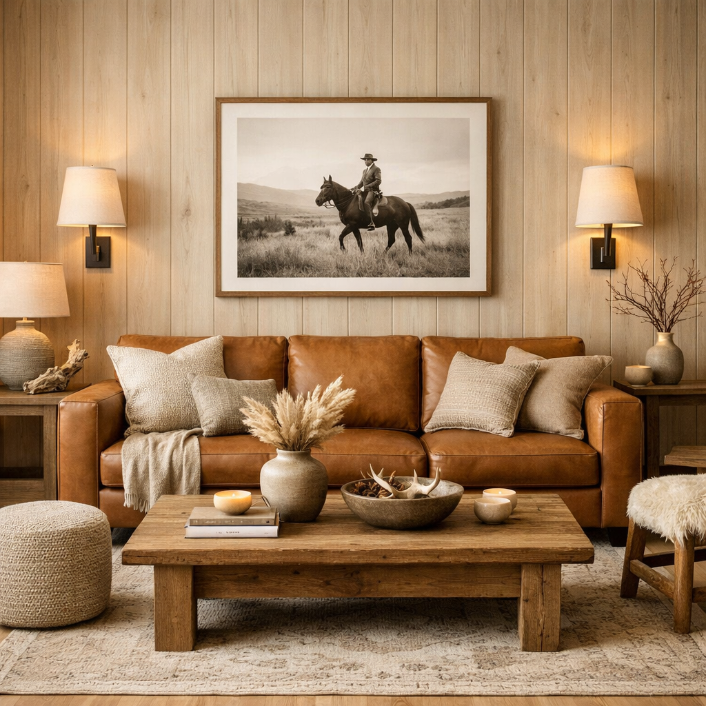 Salon western chic avec appliques murales avec abat jour