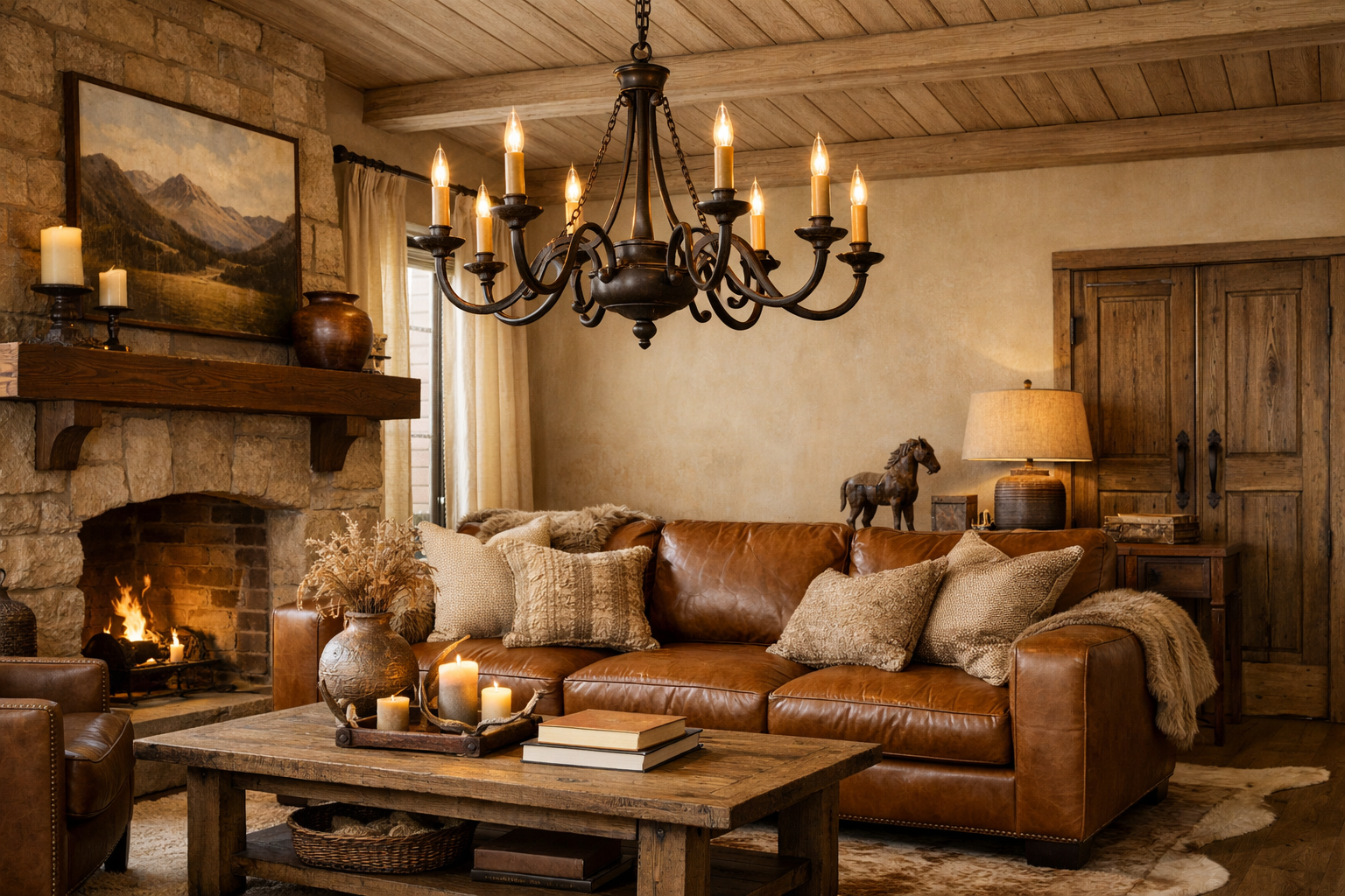 Salon western chic avec un lustre en métal qui trône la pièce