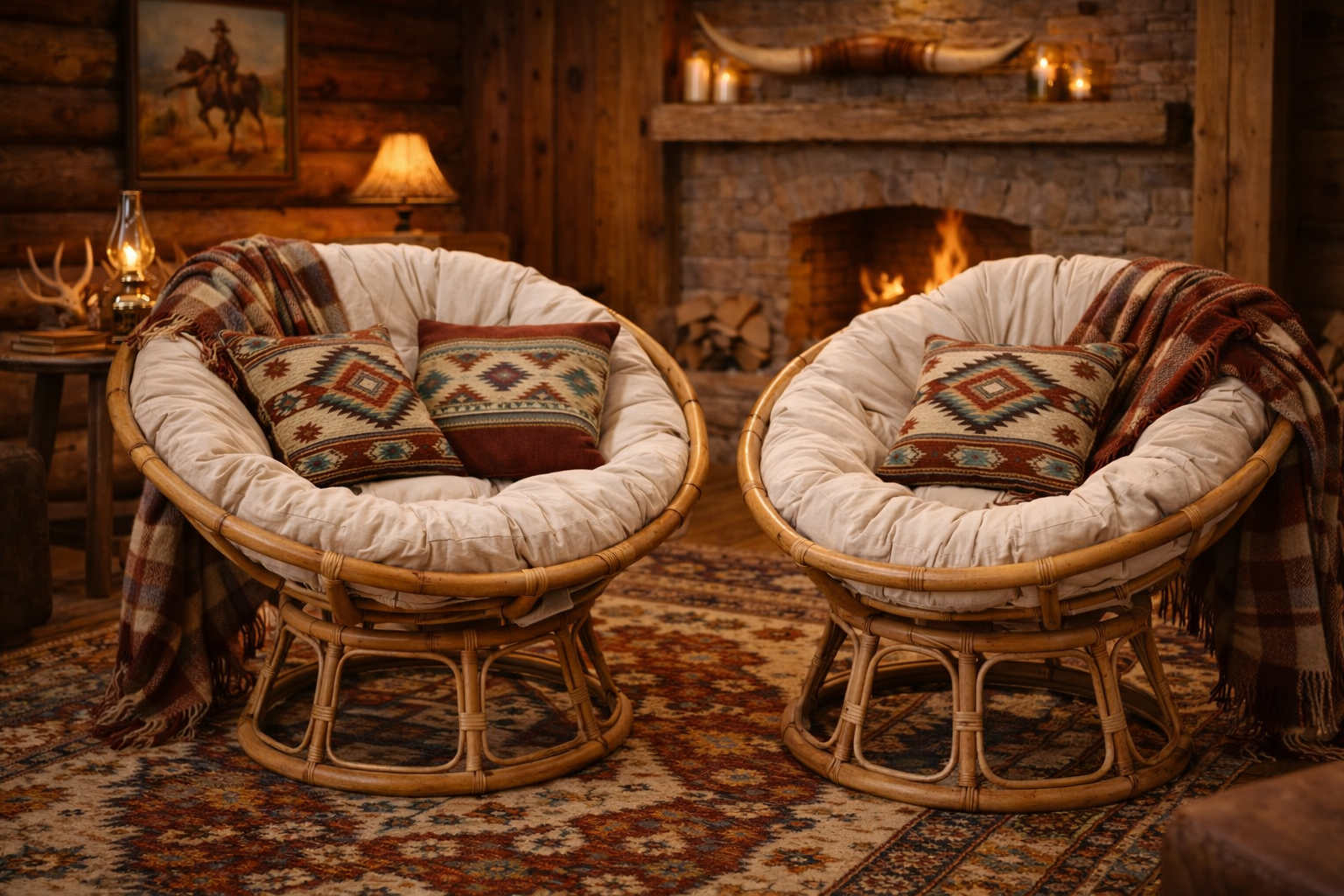 Fauteuils en rotin dans un salon western chic avec cheminée et matières naturelles