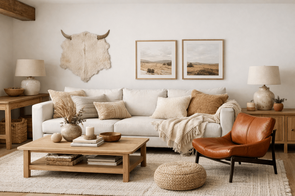 Un salon décoré avec un canapé clair, des coussins douillets, une chaise en cuir orange, une table basse en bois, et des œuvres d'art encadrées sur le mur.