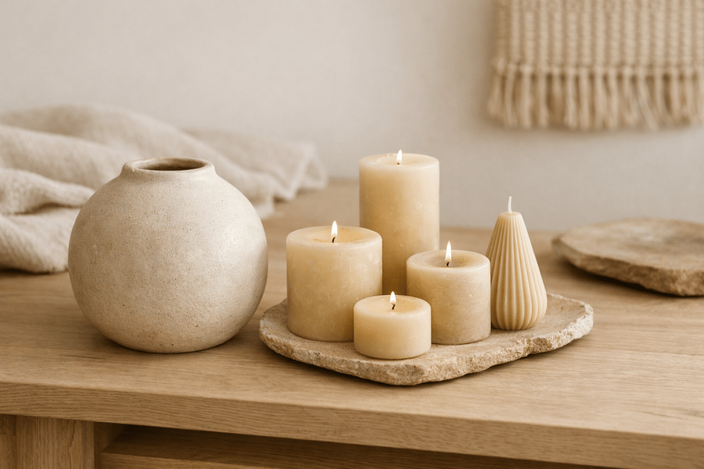 Un ensemble de bougies de différentes tailles sur une table en bois, comprenant des bougies cylindriques et une bougie en forme de cône, accompagnées d'un vase en terre cuite au design simple.