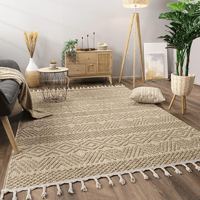 Un salon moderne avec un tapis en jute beige, un canapé gris, une table basse, et des plantes décoratives.