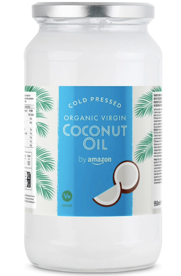 Un pot de verre transparent contenant de l'huile de coco biologique vierge pressée à froid, avec une étiquette bleue et des illustrations de feuilles de palmier.