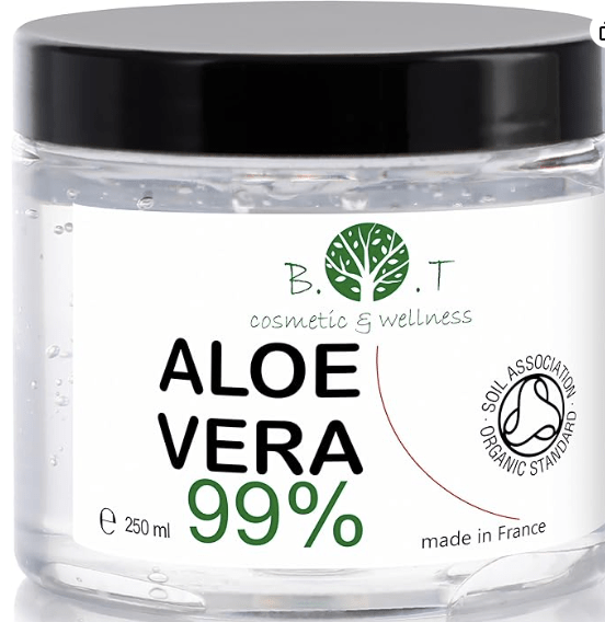 Un pot de gel d'aloe vera à 99 % de la marque B.O.T, contenant 250 ml, fabriqué en France.