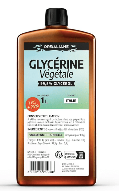 Bouteille de glycérine végétale de 1 litre, 99,5 % glycérol, d'origine italienne, avec des informations sur l'utilisation et des valeurs nutritionnelles.