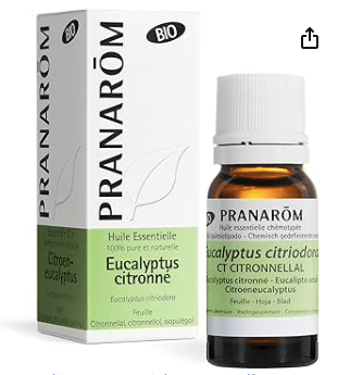 Flacon d'huile essentielle d'eucalyptus citronné Pranarôm avec son emballage, en version bio.
