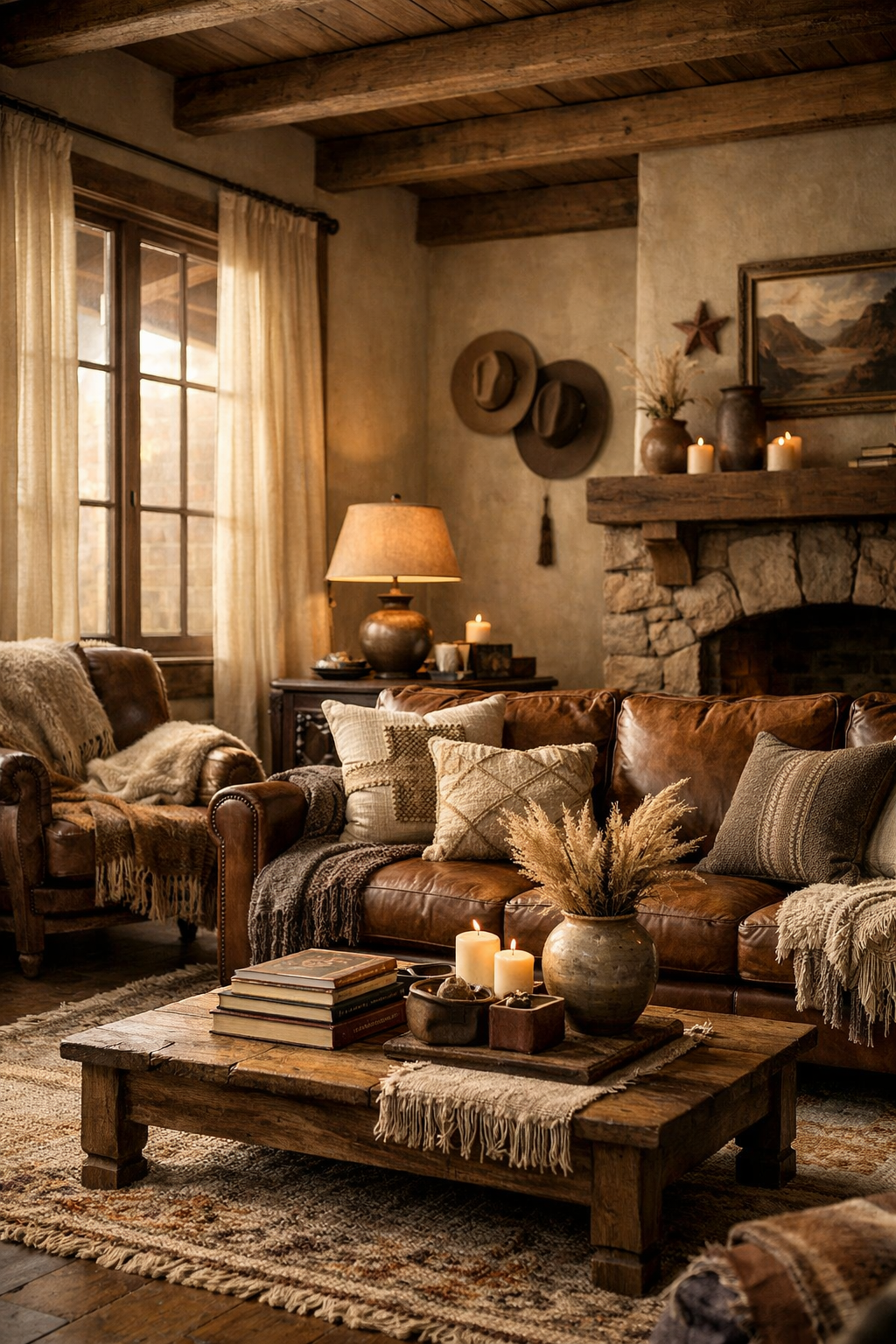 Intérieur western chic chaleureux avec canapé en cuir patiné et cheminée en pierres