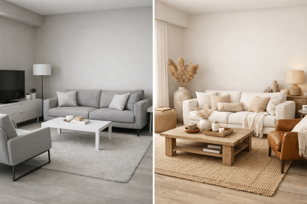 Comparaison de deux salons modernes, à gauche un espace minimaliste avec canapé gris et télévision, à droite un salon chaleureux avec canapé blanc et décoration en bois.